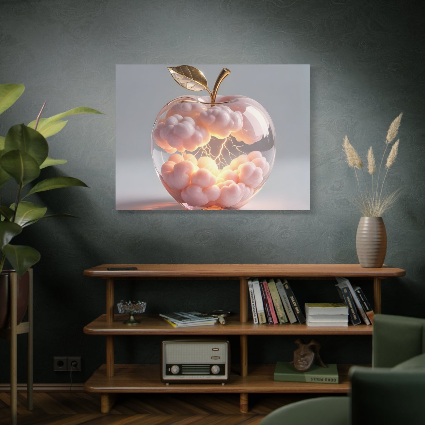 Surreal Glass Apple Canvas – Lightning & Pink Clouds Wall Art