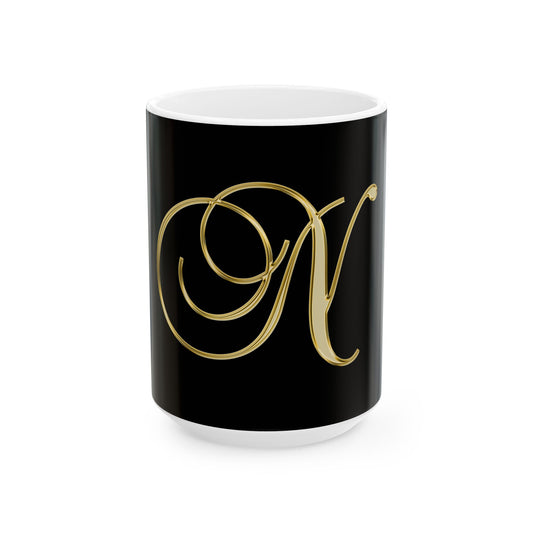 Gold Script Letter N Ceramic Mug — Elegant Monogram Coffee Cup (11oz, 15oz)