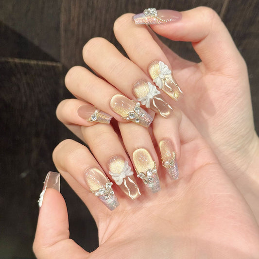 365nails: "Blushing Ballerina" – 3D Bow & Pearl Handmade Medium Almond Nails – Image 2