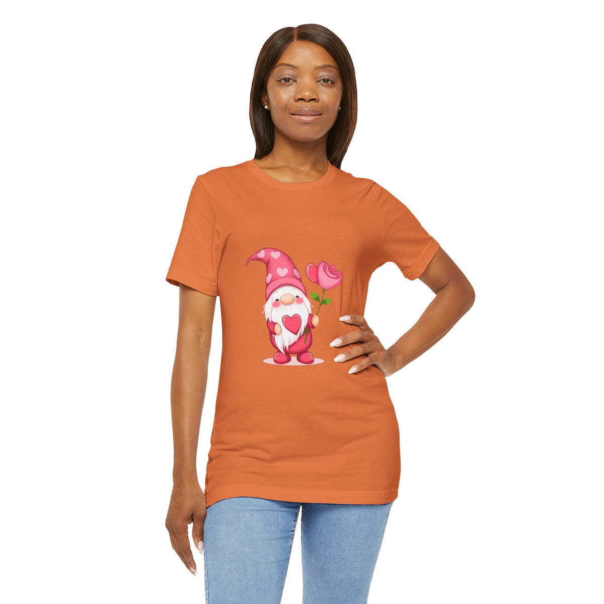 Valentine Gnome T‑Shirt — Cute Pink Gnome Holding Rose Tee
