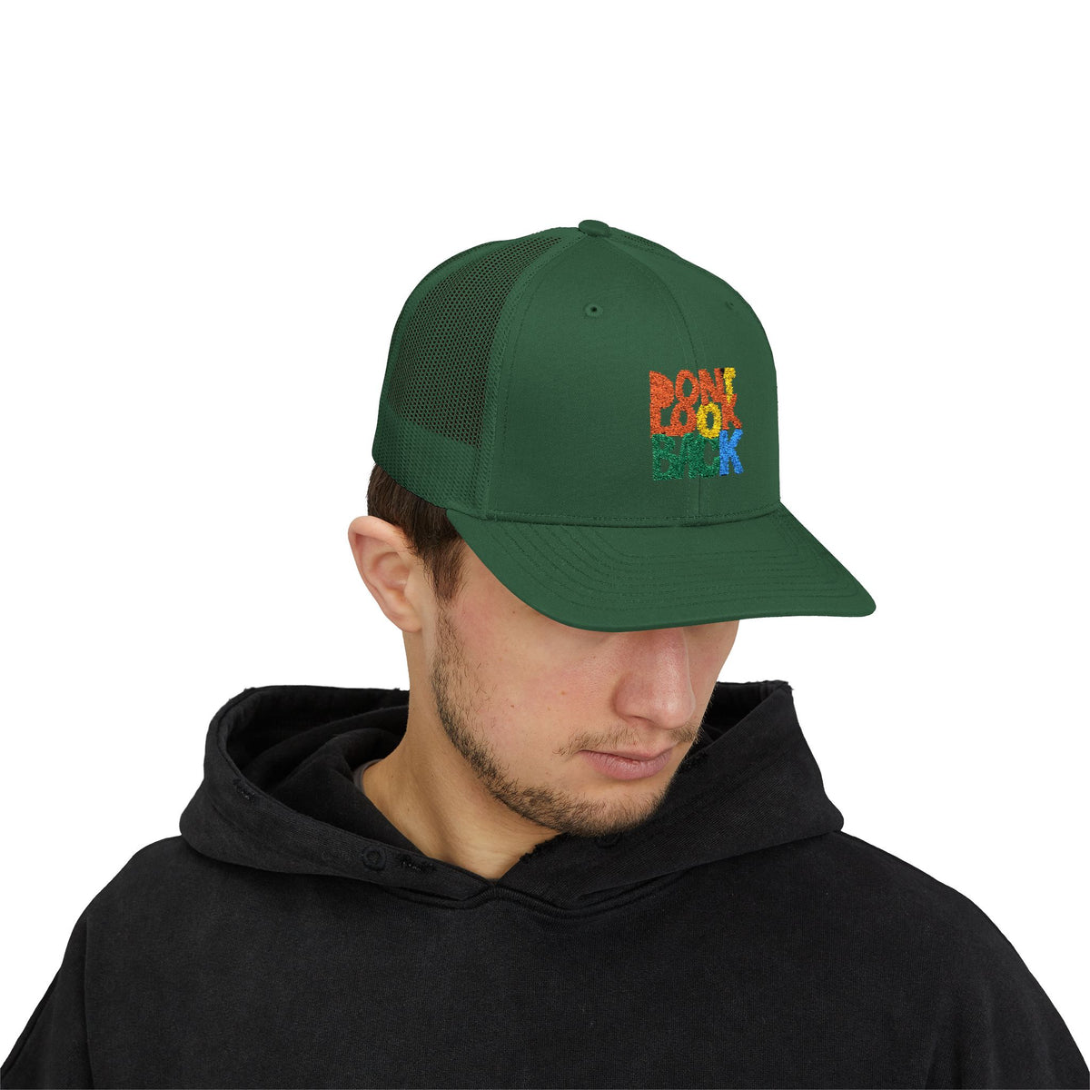 Don’t Look Back Snapback Trucker Cap — Retro Rainbow Embroidered Hat