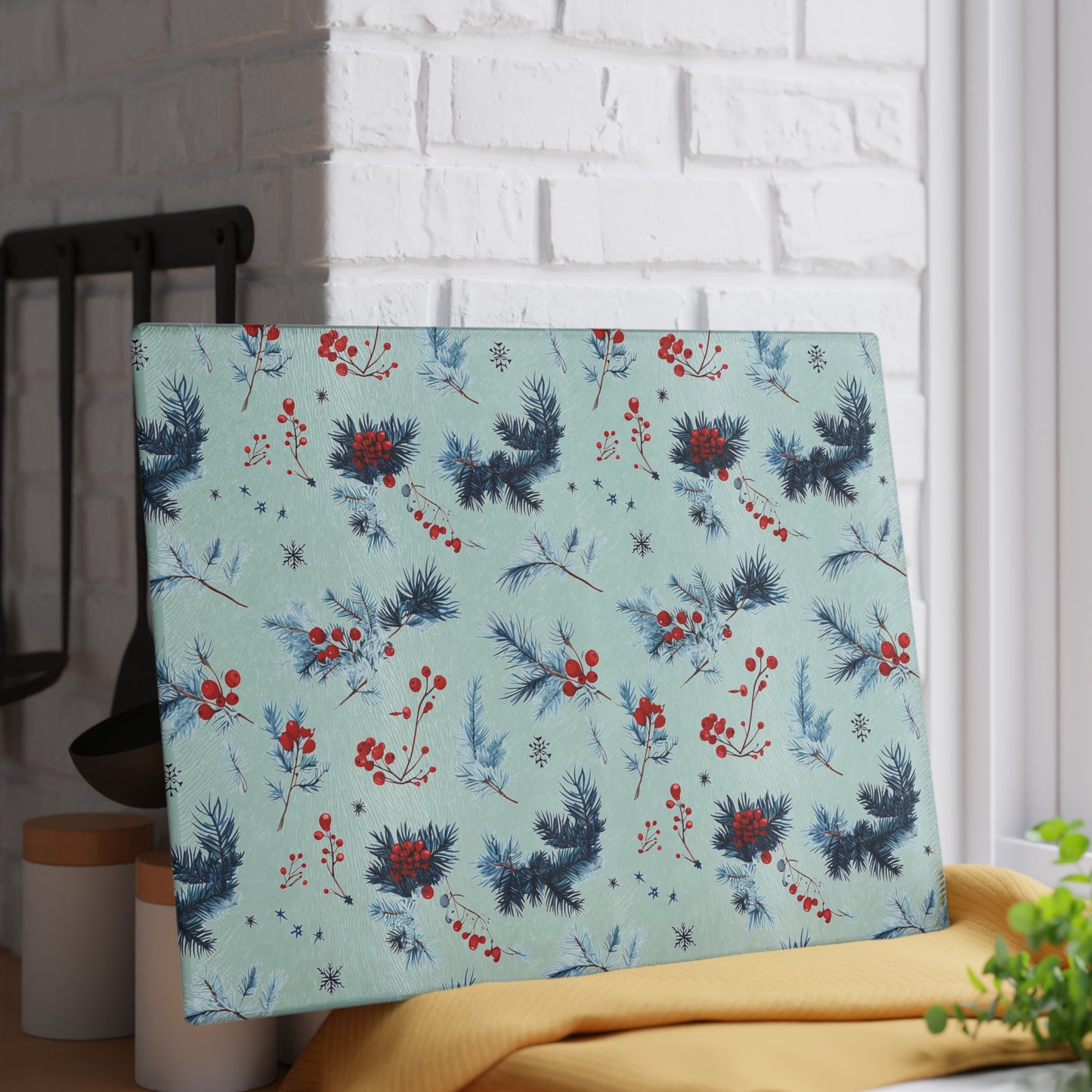 Winter Berries Glass Cutting Board — Festive Pine & Holly Kitchen Cutting Board