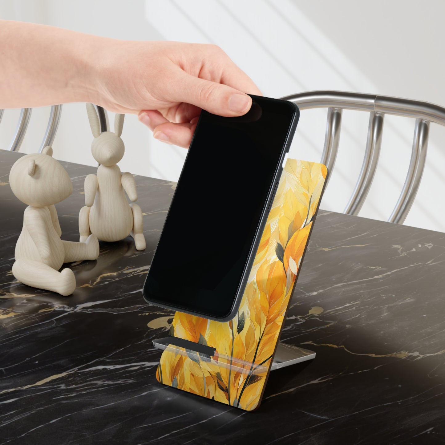 Chic Mobile Display Stand, Leaf Design Phone Holder, Desk Organizer, Tech Gift, Home Decor, Yellow Floral