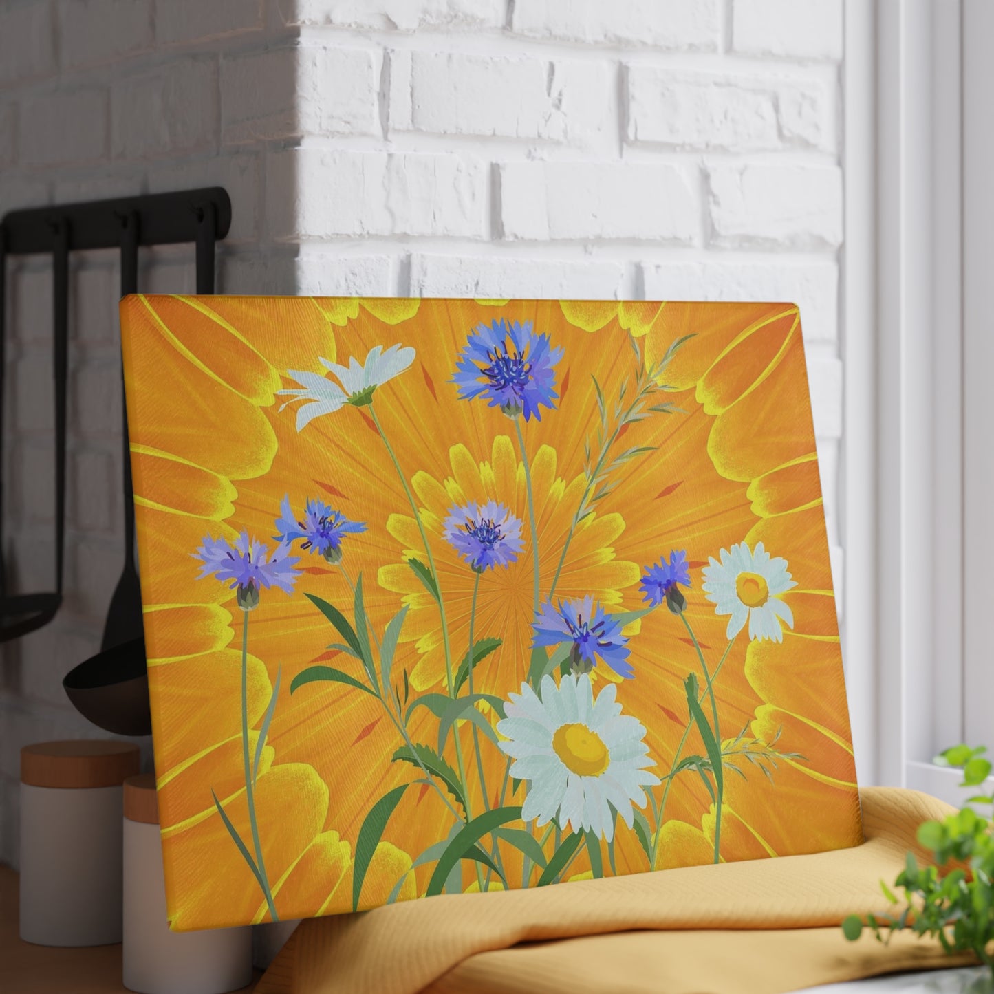 Glass Cutting Board — Bright Sunflower & Wildflower Kitchen Cutting Board
