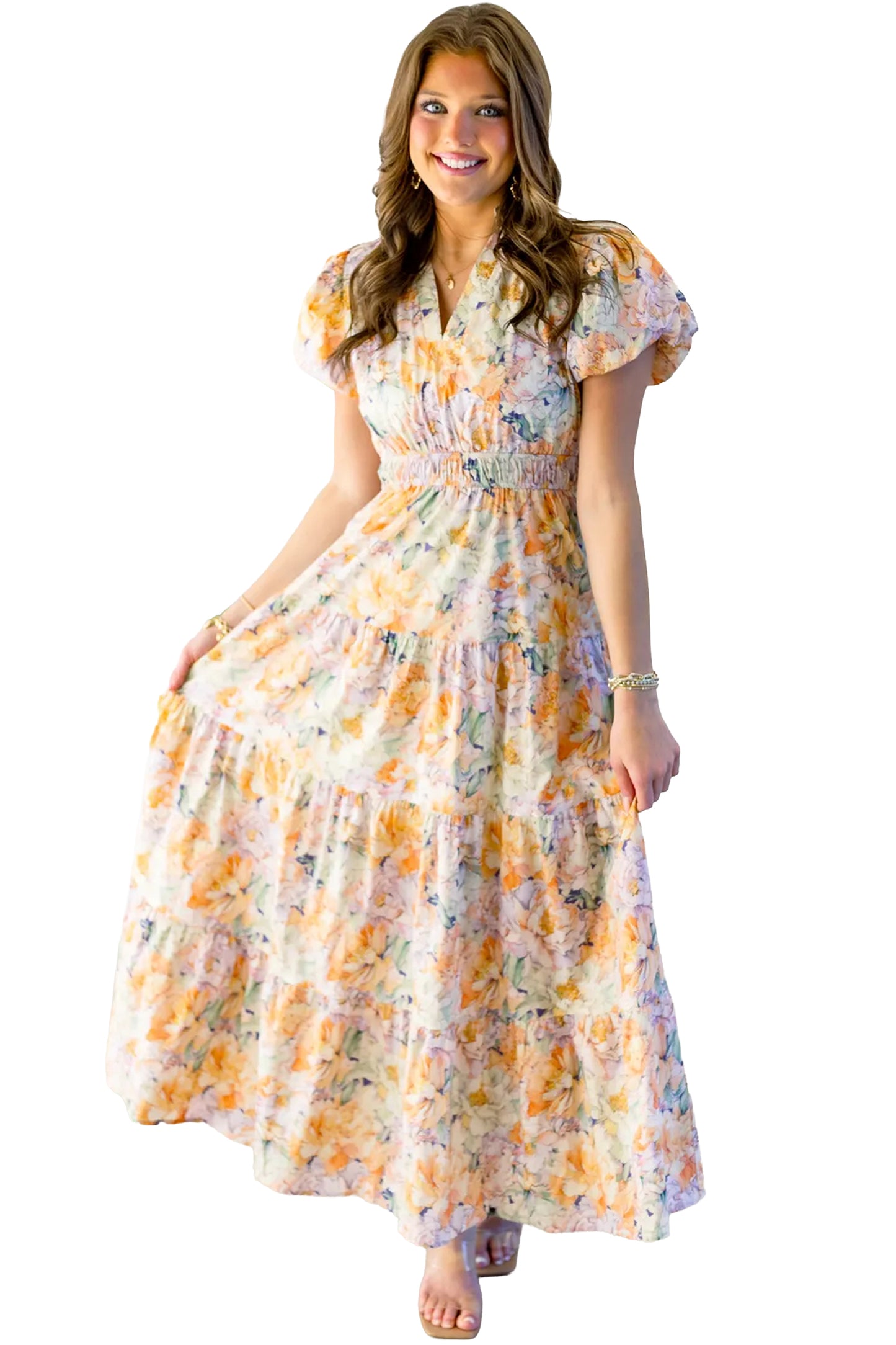 Floral Bubble Sleeve V Neck Flared Maxi Dress