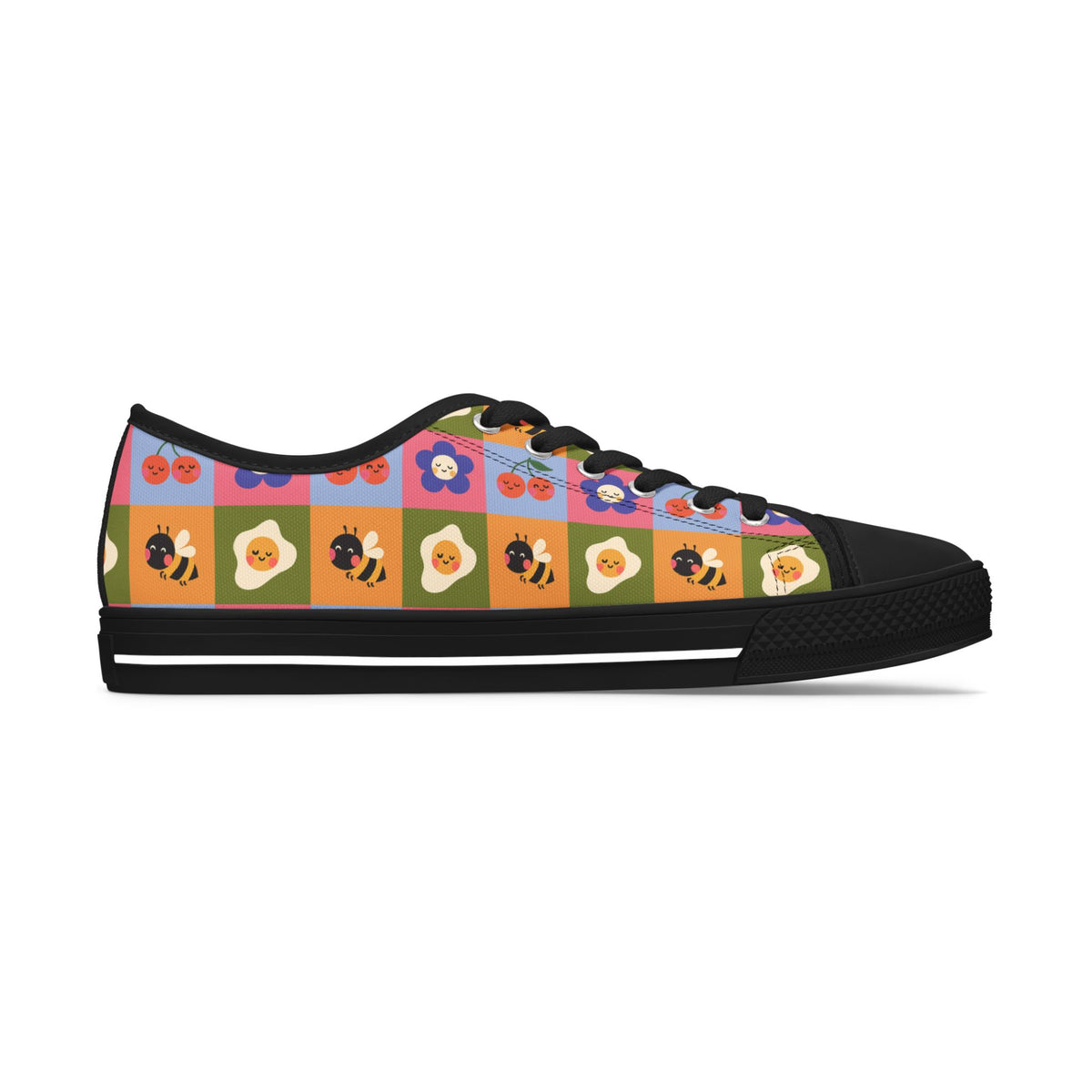 Women's Low Top Sneakers — Retro Floral & Bee Checkerboard Printed Casual Shoes