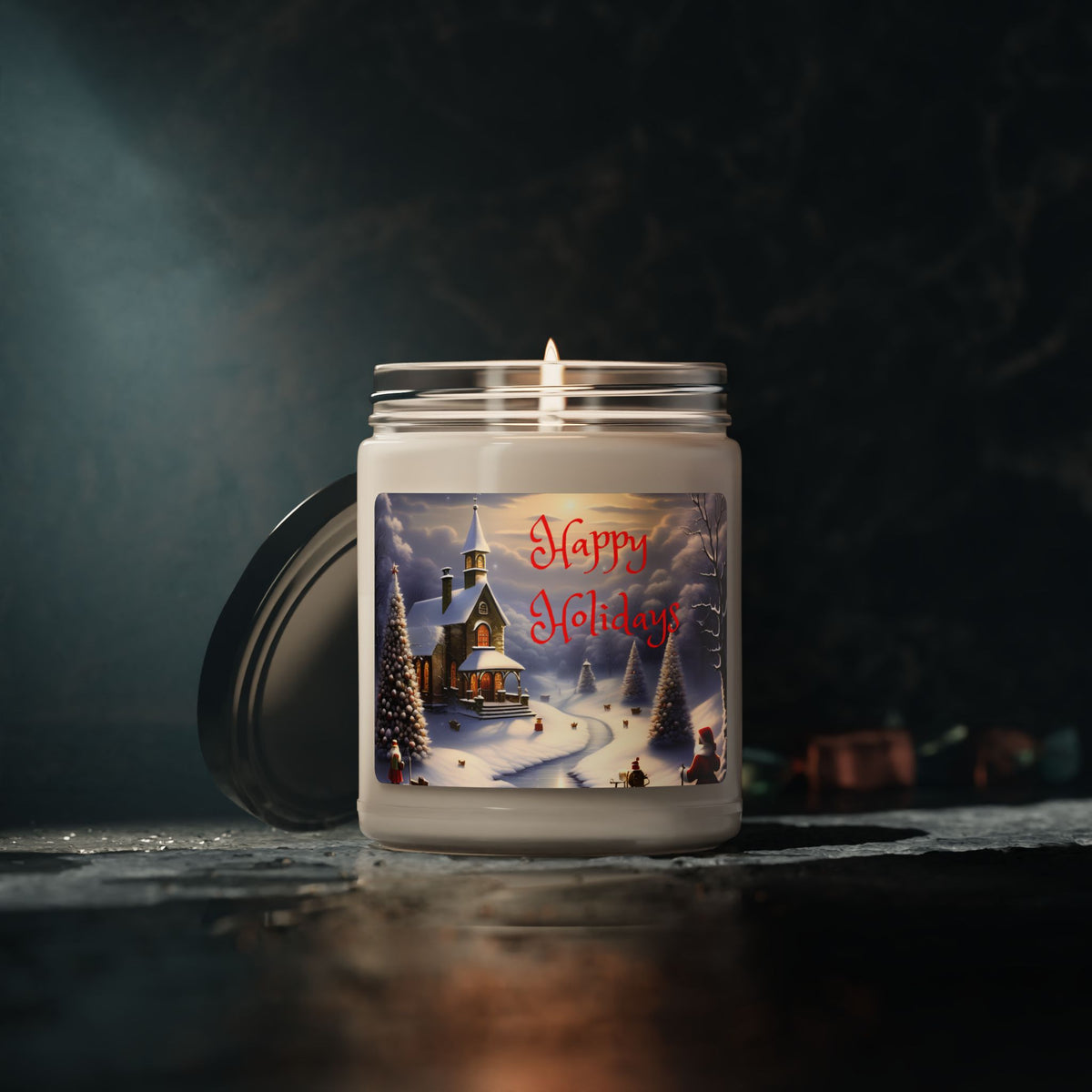 Happy Holidays 9oz Scented Soy Candle — Winter Church Snow Scene Holiday Candle