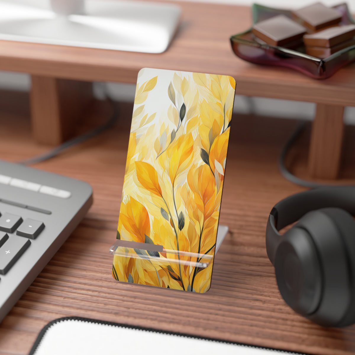 Chic Mobile Display Stand, Leaf Design Phone Holder, Desk Organizer, Tech Gift, Home Decor, Yellow Floral