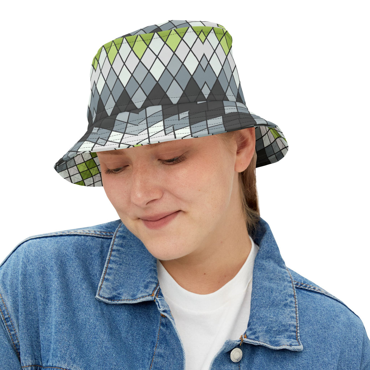 Argyle Geo Bucket Hat — Green & Gray Patterned Summer Sun Hat