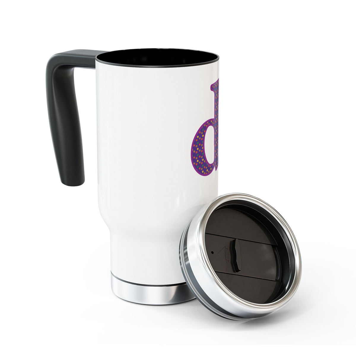 Monogram 'd' Purple Polka Dot Travel Mug – 14oz Stainless Steel with Handle