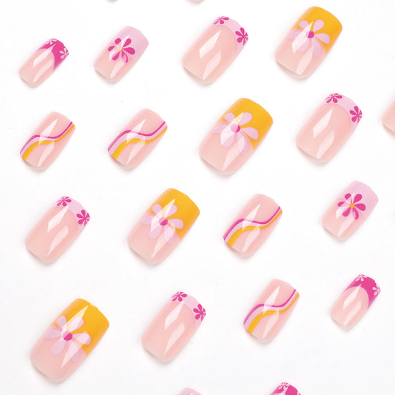 press on nails pads wholesale powder yellow edge French flower wave nails patch wholesale nails pads finished – Image 3