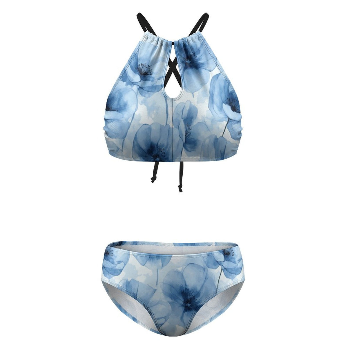 Women's Two piece Swimsuit with High Neck Halter Top Blue Floral