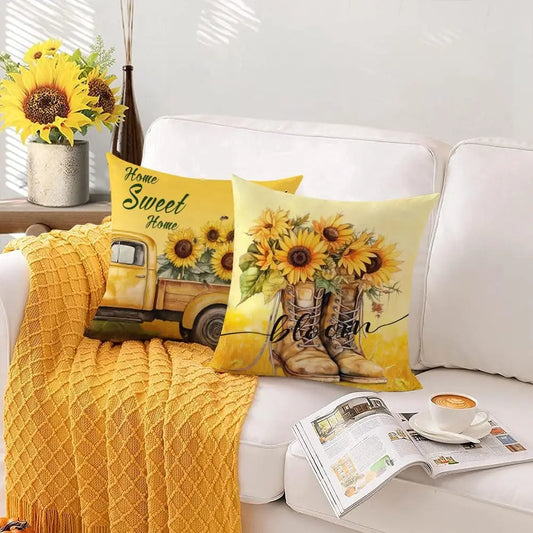 Spring Sunflower Cushion Pillow Cover, Warm Yellow Boots Truck Bicycle Pillow Cover, Suitable for Home Decoration