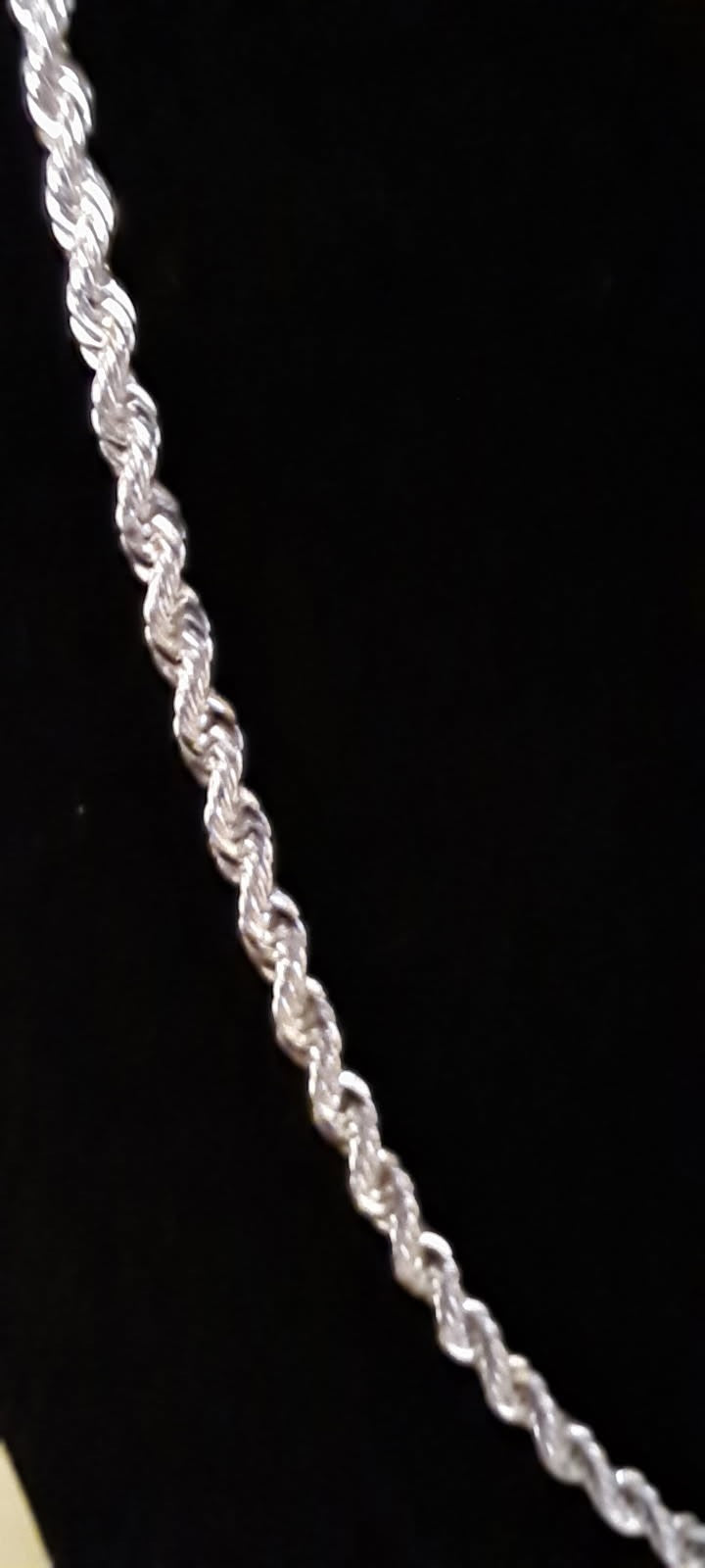 Sterling silver rope chain necklace is 16 inches long. It is made of 925 silver and has a twisted rope design.