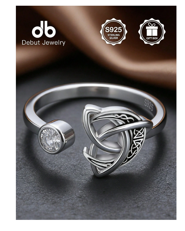 S925 Sterling Silver Women's Celtic Trinity Knot Open Ring, Zirconia Adjustable Band, Halloween Daily Wear Vintage Irish Pattern Ring Jewelry Gift