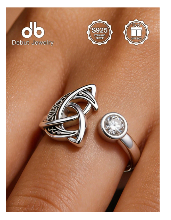 S925 Sterling Silver Women's Celtic Trinity Knot Open Ring, Zirconia Adjustable Band, Halloween Daily Wear Vintage Irish Pattern Ring Jewelry Gift
