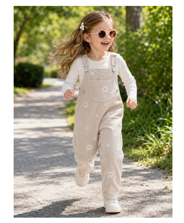 Baby Girls Sweet Floral Embroidered Overalls With Shoulder Straps And Cuffed Hems Casual Long Pants