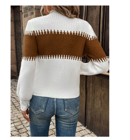High Neck Color Block Patchwork Lantern Sleeve Casual Commute Outdoor Women Sweater