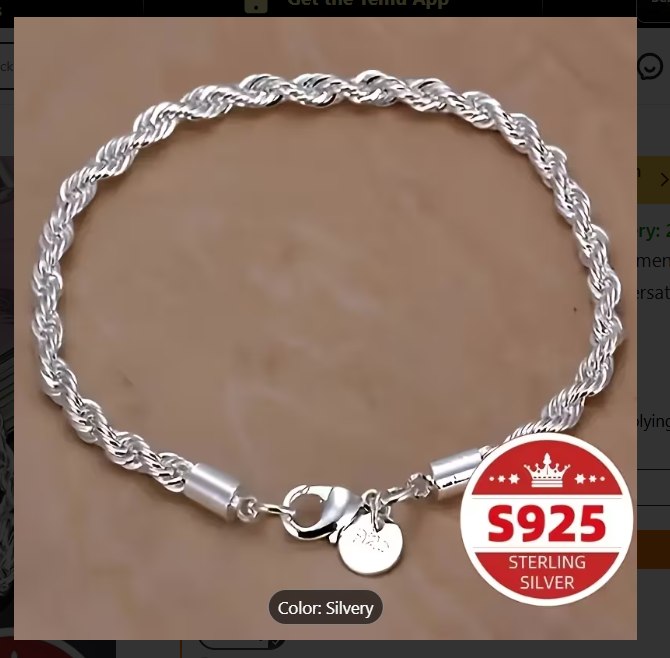 S925 Sterling Silver Rope Chain Bracelet