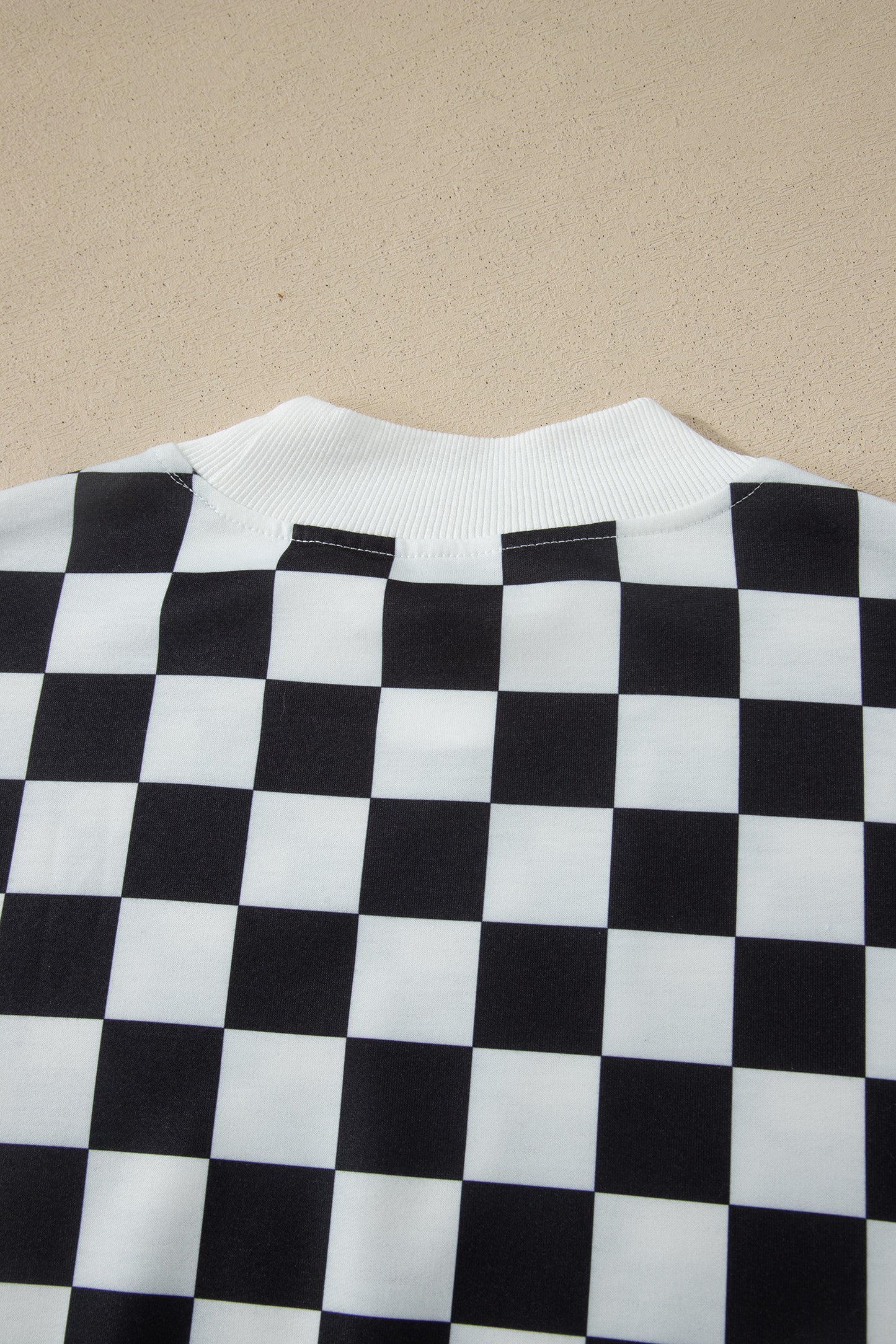 Black Checkered Print Color Block Trim Mock Neck Short Set