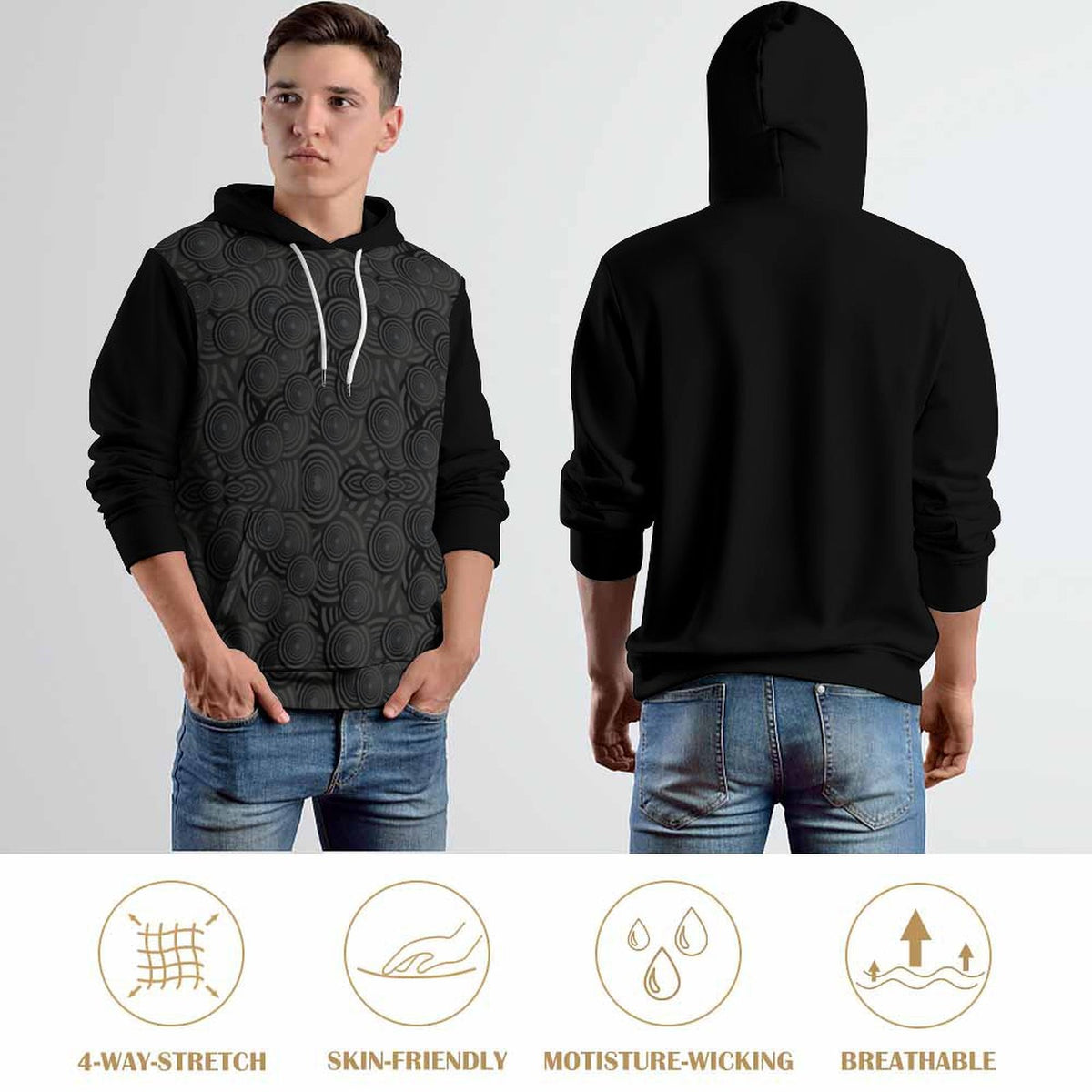 Black Pattern Unisex Cool Hoodie with Double-layer Cap