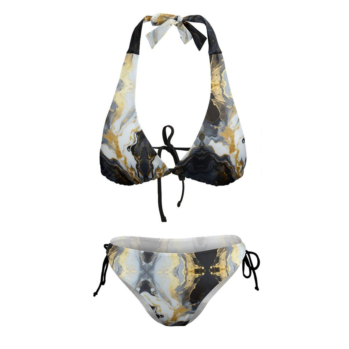 Two Piece Halter Swimsuit Black Marble