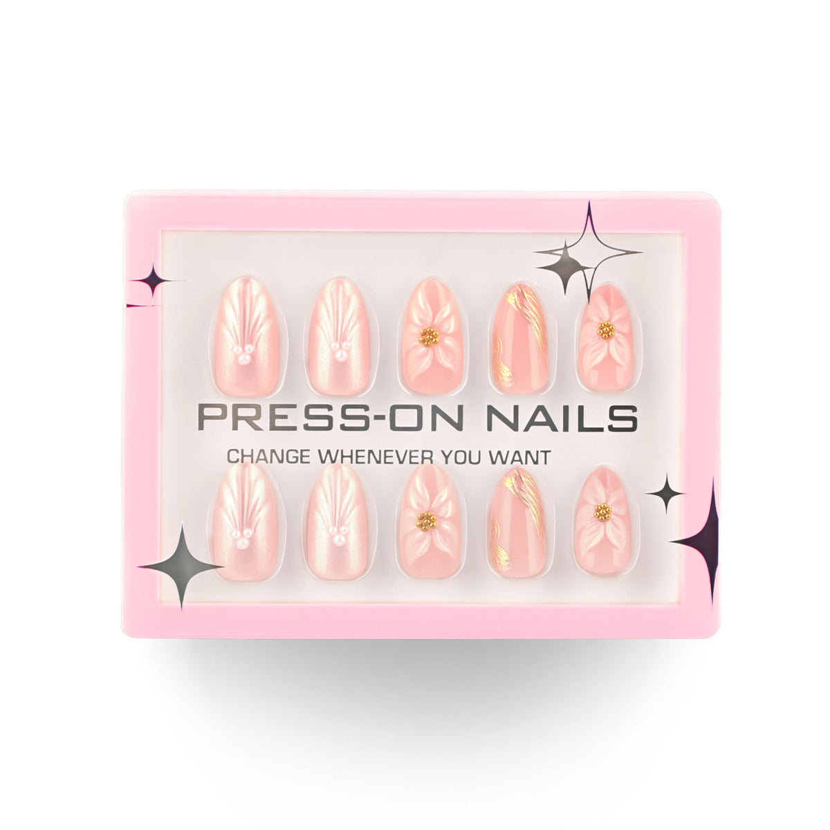 3D three-dimensional flower pearlescent flash short almond press-on nails – Image 3