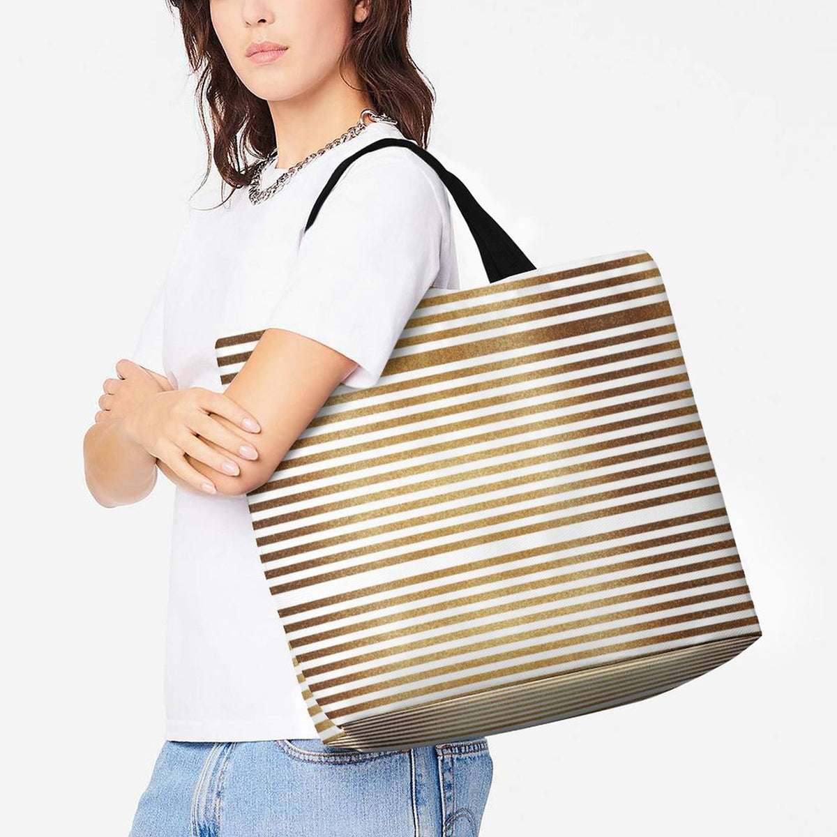 Large One Shoulder Shopping Bag Gold Stripes