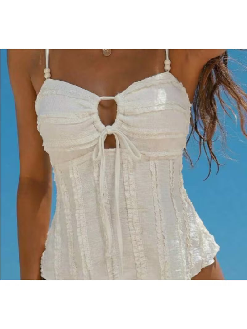 Women'S Solid Color Apricot Beaded Halter Top And Bikini Set, Suitable for Summer Beach Vacations