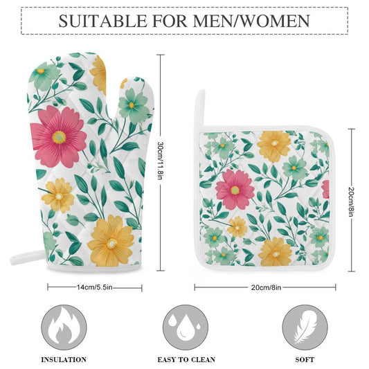 Oven Mitts & Pot Holder Set of 3 Flowers