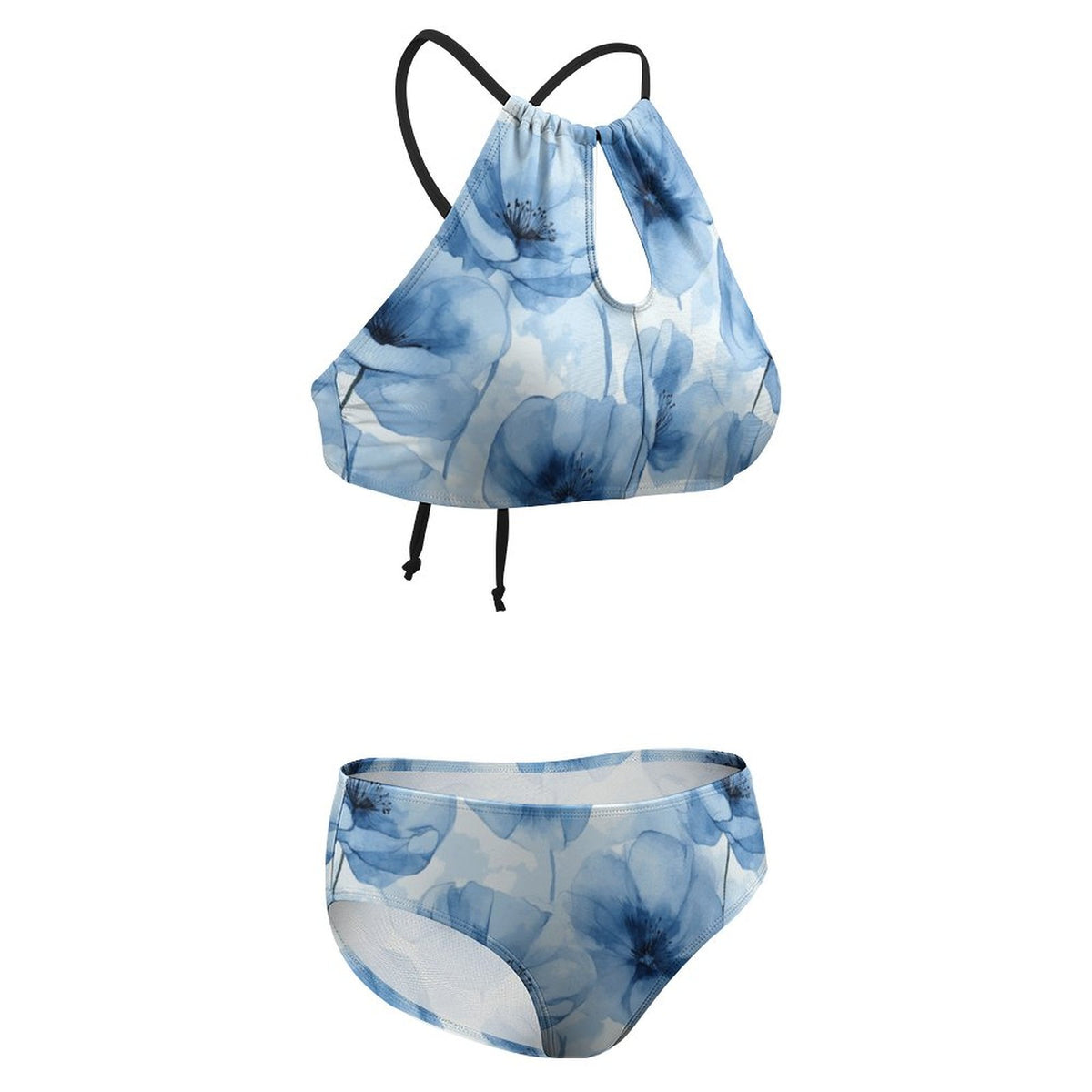 Women's Two piece Swimsuit with High Neck Halter Top Blue Floral