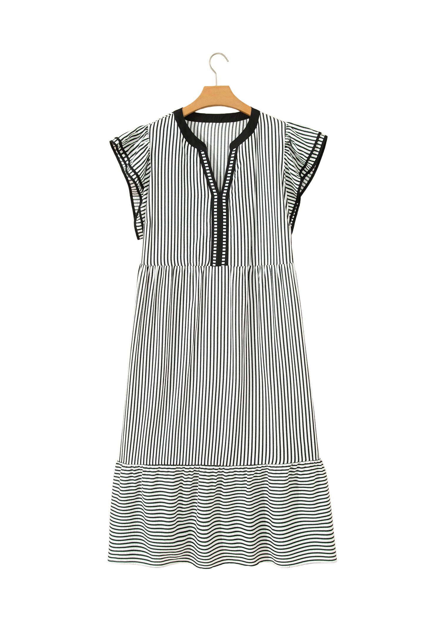 Black Stripe Plus Size Slit V Neck Tiered Flutter Sleeve Maxi Dress