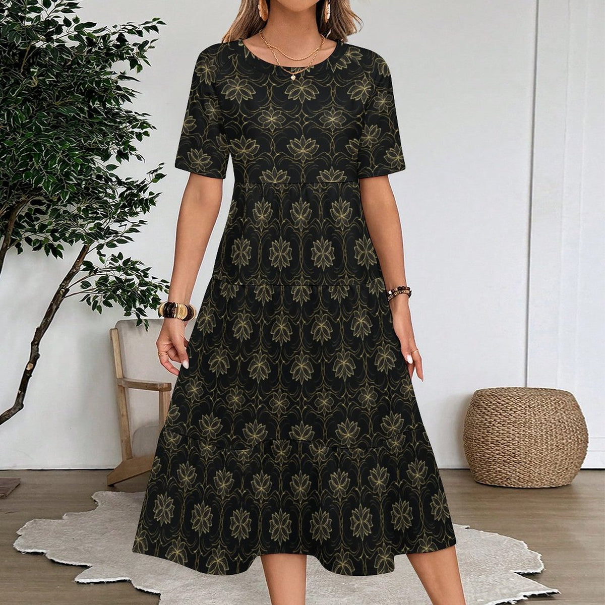 Wide Round Neck 3/4 Sleeve Long Dress