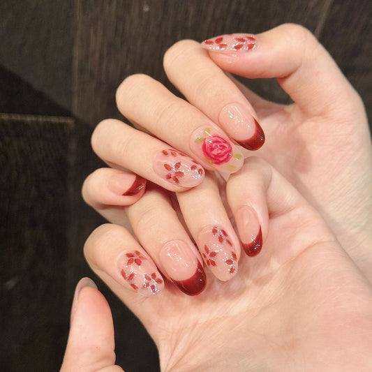 365nails: "Vintage Rose" – Hand-Painted Floral French Tip Handmade Almond Nails – Image 2