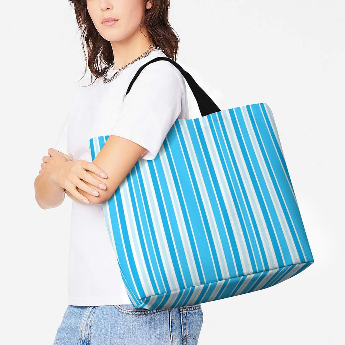 Large One Shoulder Shopping Bag Blue Stripes