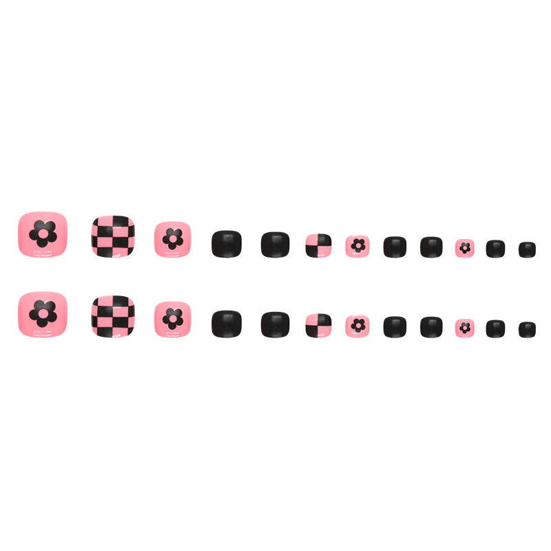 Press-on toenails flower checkerboard nail art sweet cool white black pink Press-on toenails press-on nails – Image 5