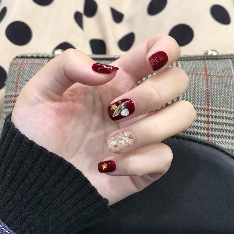 Burgundy star shell whitening nail patch press on nails finished fake nail waterproof removable pregnant women can wear