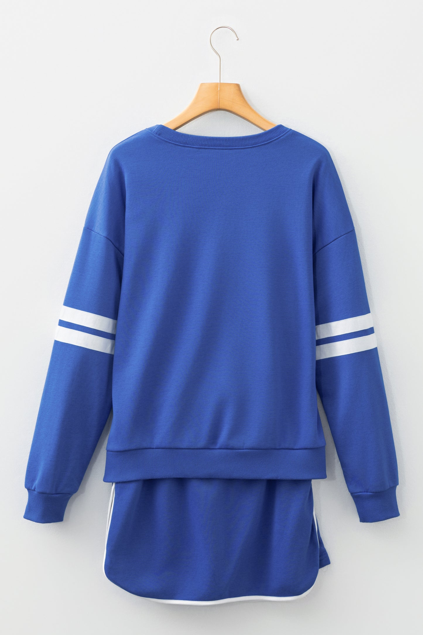 Sky Blue Varsity Stripe Detail Drop Shoulder Pullover Mini Skort Set