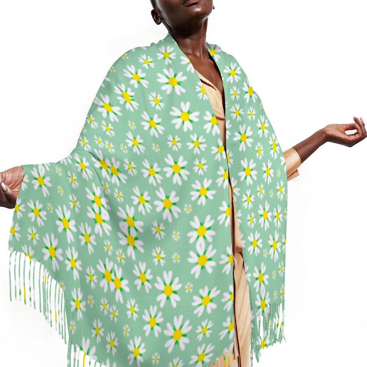 Cashmere-like Tassel Scarf Green Daisy