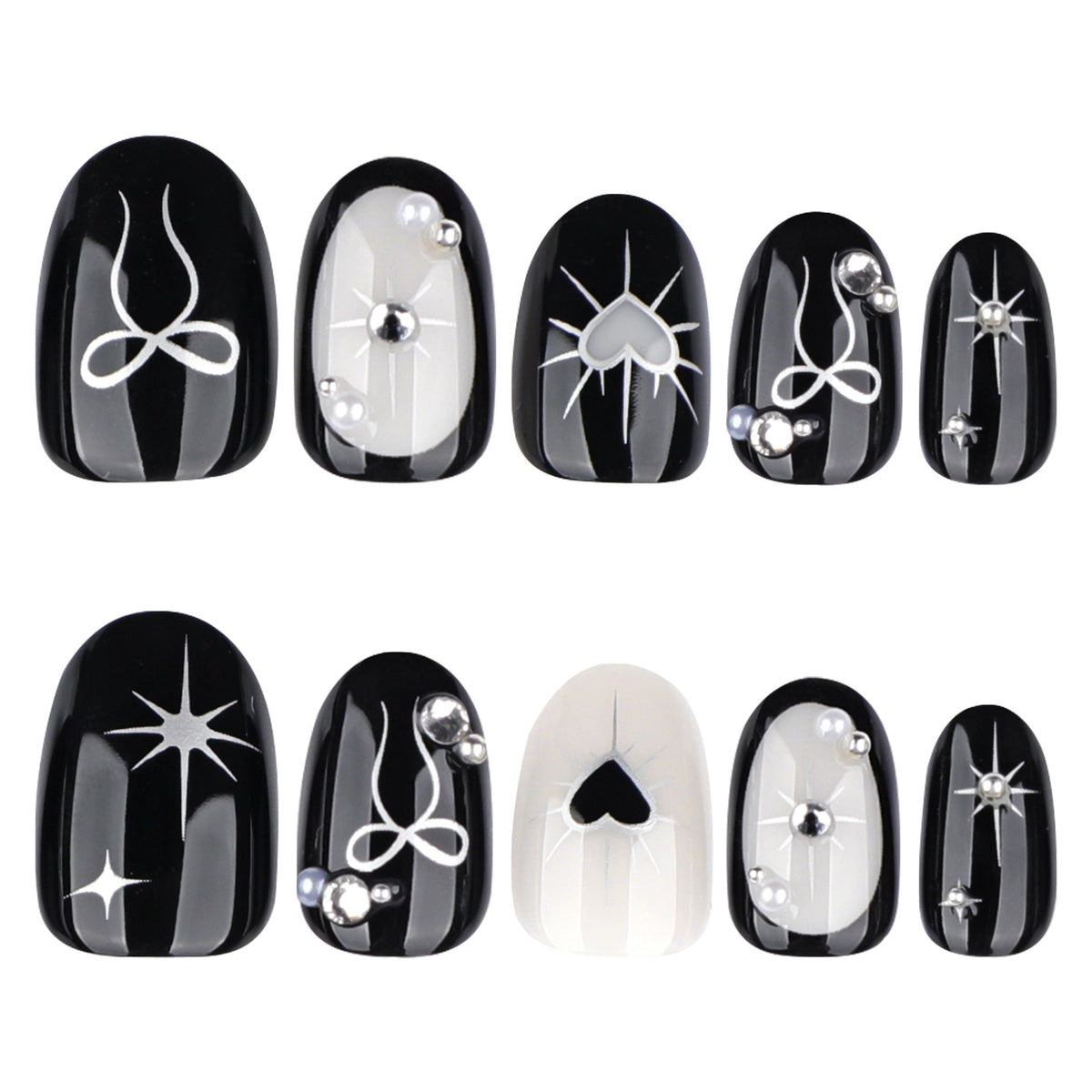 Black and White Heart Bow Nails with Pearl Accents – Image 5