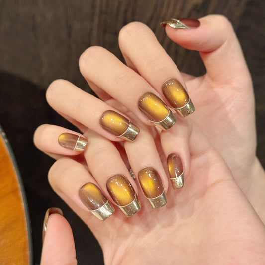 365nails: "Autumn Gold" – Mirror Chrome French Tip Handmade Short Square Nails – Image 2