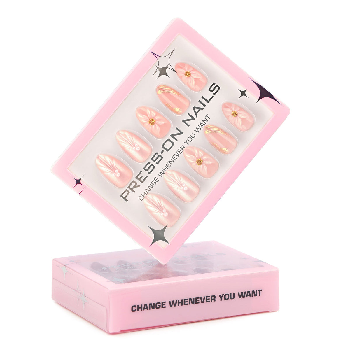 3D three-dimensional flower pearlescent flash short almond press-on nails – Image 4