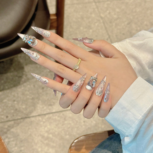 365nails: "Celestial Dream" – Iridescent Cat Eye & Oversized Crystal Handmade Stiletto Nails – Image 2