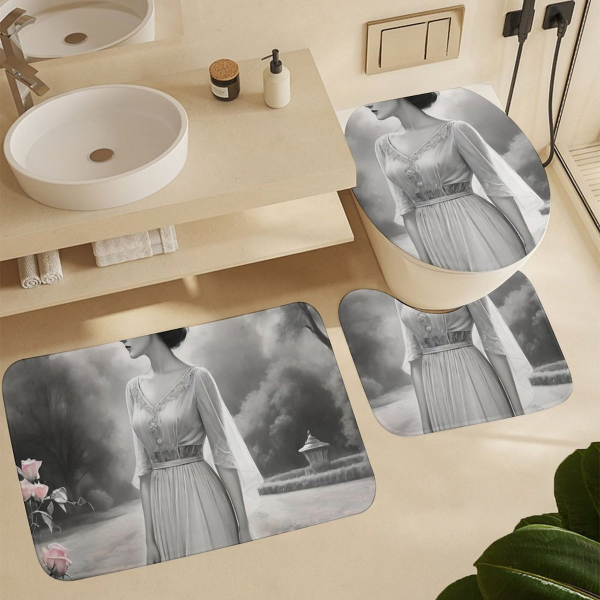 Shower Curtain Set with 3 Rugs