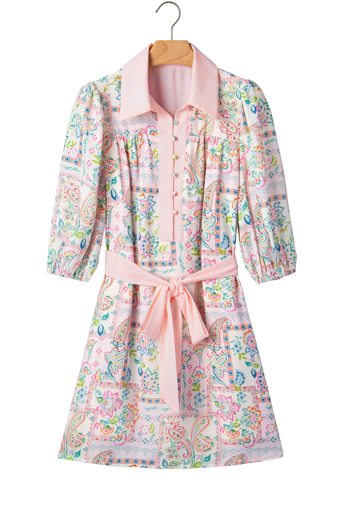 Pink Boho Floral Print Color Block Trim Half Button Belted Mini Dress