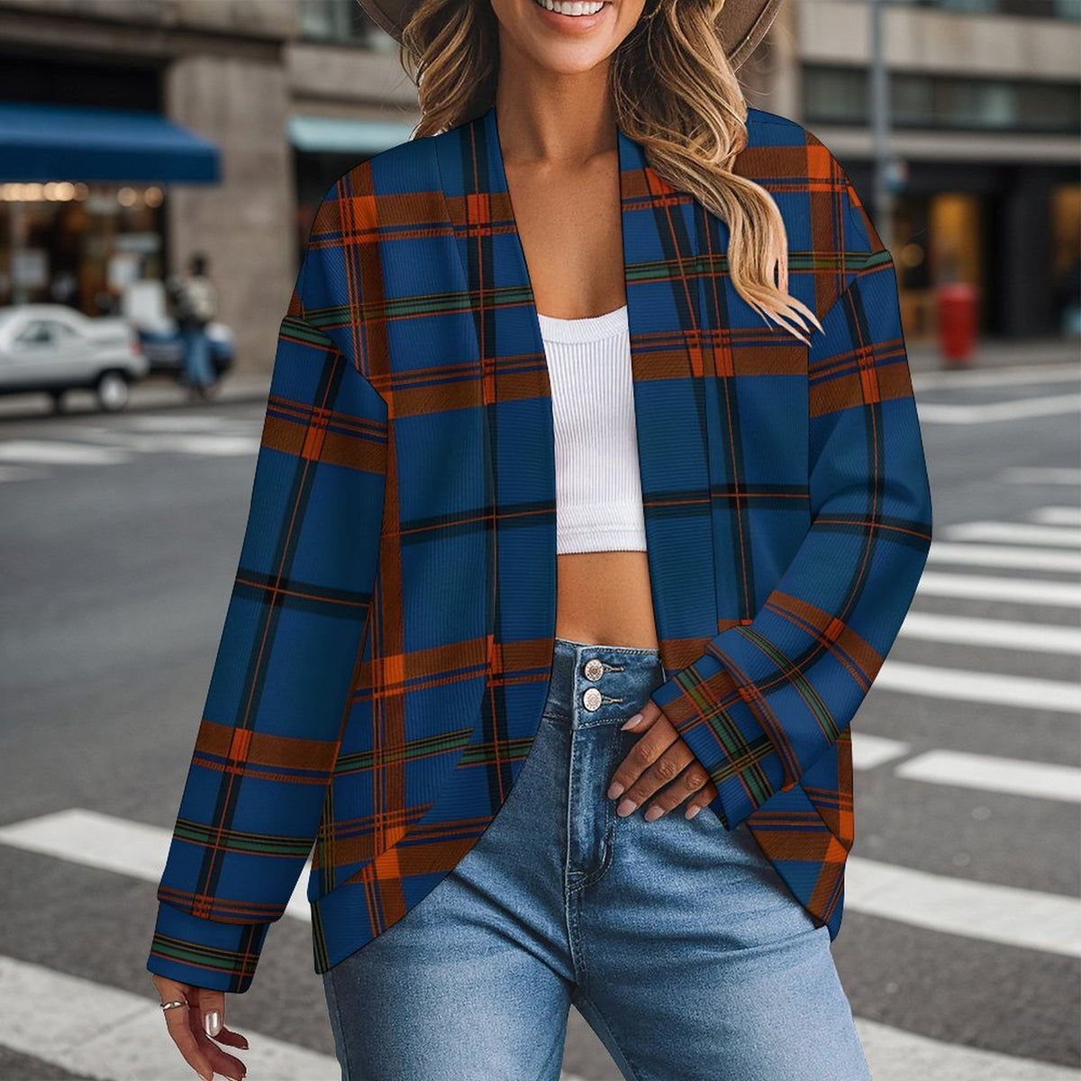 Women's Drop Shoulder Cardigan Plaid