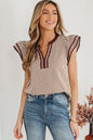 Khaki Stripe Double Ruffled Short Sleeve V Neck Blouse
