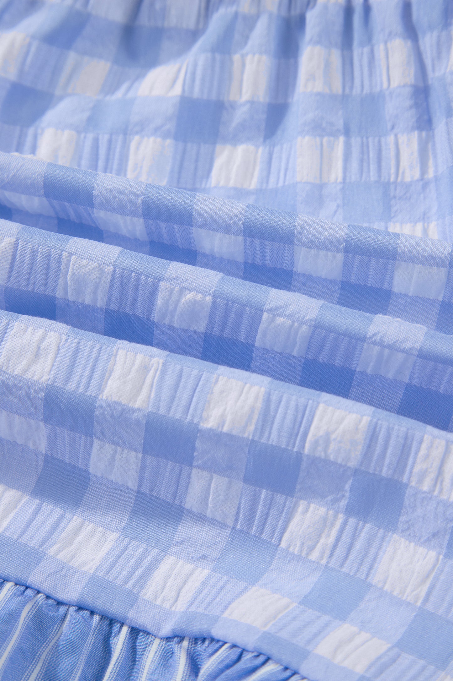 Sky Blue Gingham Print Ruffle Striped Detail Lace Tie Shorts