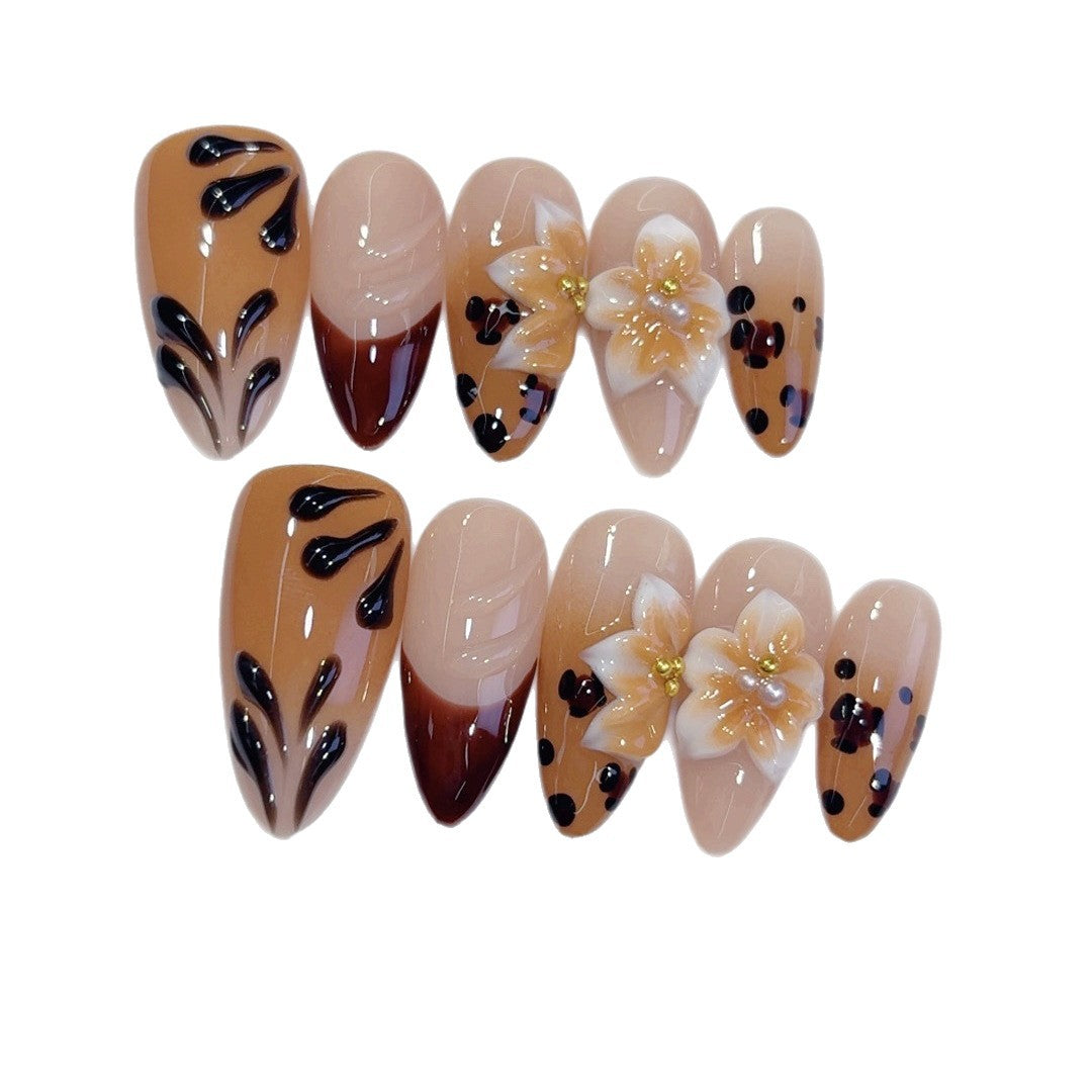 Amber Bloom: "Leopard & Flower" – Long Almond Handmade Press On Nails – Image 5