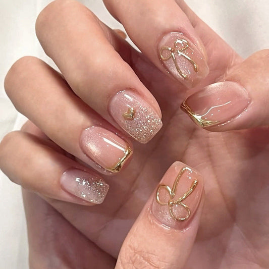 Soft Pink Bow and Heart Glitter Nails